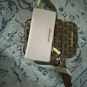 Michael Kors Light Pink Wallet and Brown Monogram Bag